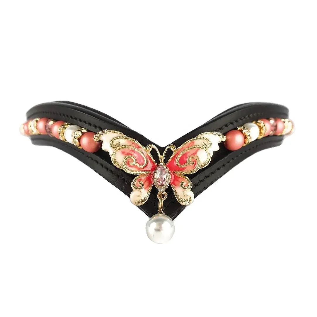 Hot Selling Finest Quality Leather Horse Brow band With Soft Padded And 2 Colored Pearls ,Rings & Brooch Work Manufacture