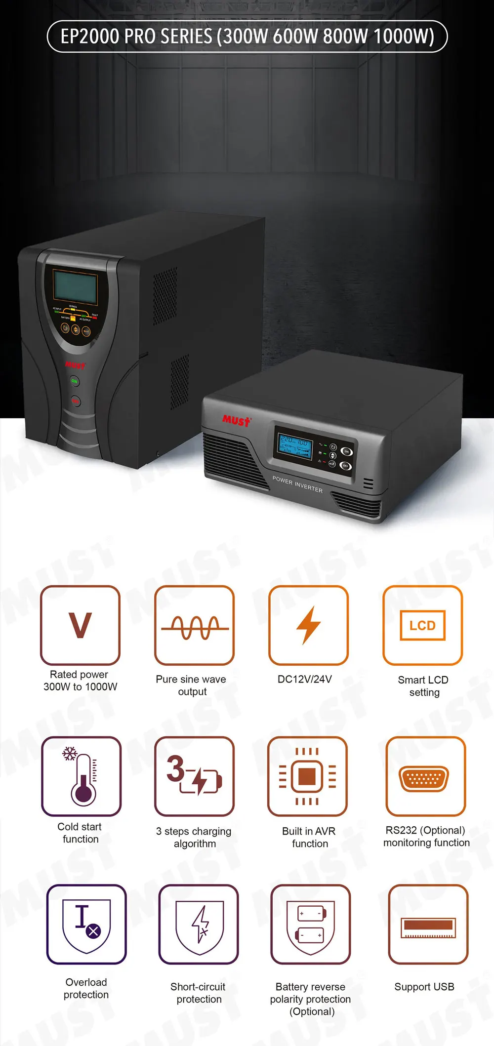 MUST EP 2000 PRO Series 300W 600W 800W 1KW 2.1KW power inverter cost effective inverter userfriendly installnation and setting