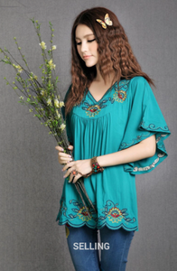 100% algodón bordado túnica y Tops manga corta cuello en V verano gitano Casual elegante tejido cintura Natural sostenible lavable - Product Image 2