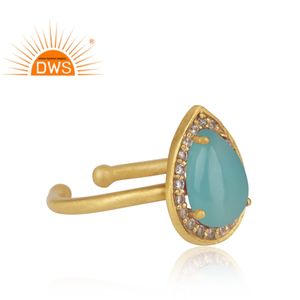 Bague en chalcédoine aqua taille poire, or indien sur argent sterling 925, bague à bande réglable, fournisseur de bijoux, collection classique - Product Image 3