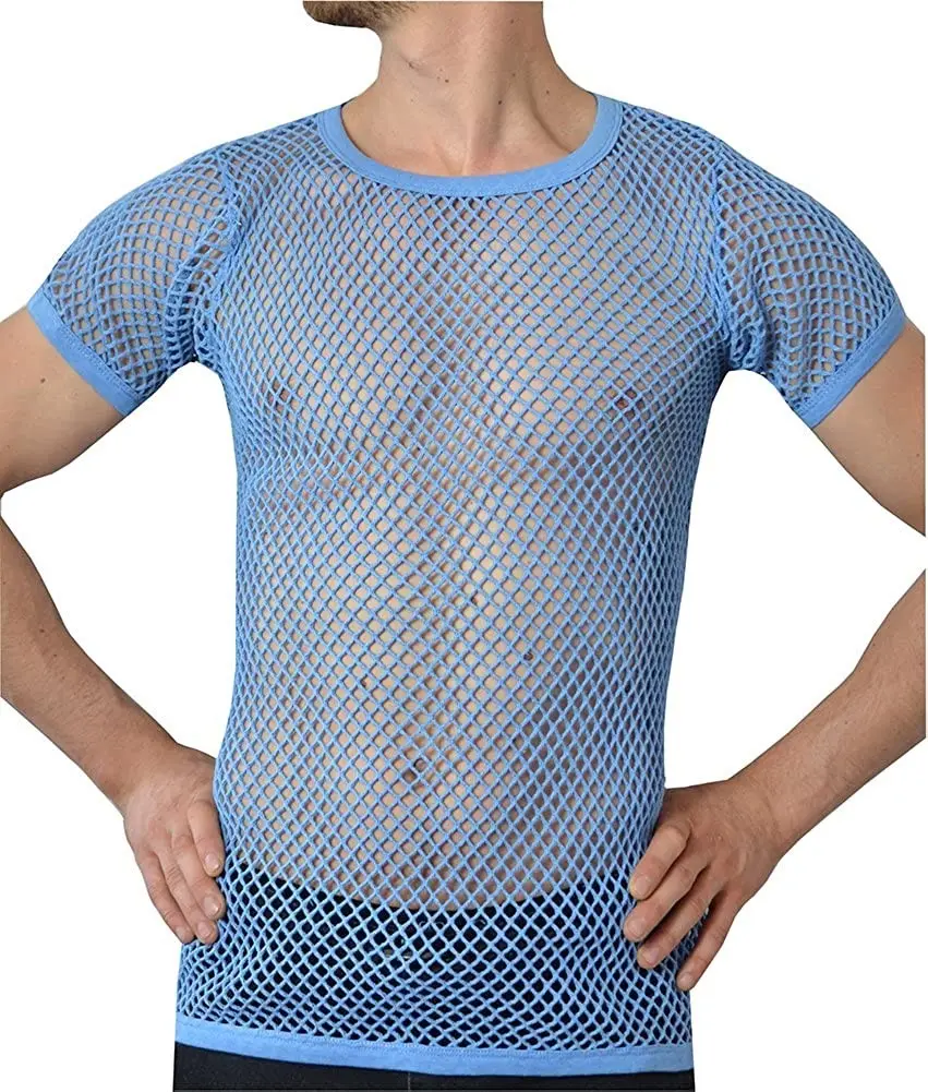 Mens Fishnet Sheer Mesh See Through T-Shirt Sexy Night Club Shirt Fitness Transparent Shirt Breathable String T Shirt