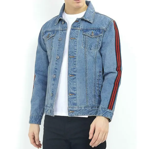 Regular fit Men's Washed Light Blue Jeans Denim Jacket with Red Sleeve Stripe & Pockets
