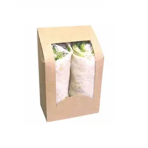 Caja de sándwich de papel Kraft biodegradable personalizada para embalaje de alimentos para llevar con ventana PLA