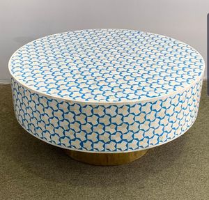 Taburete con incrustaciones de hueso redondo para sala de estar o cama, diseño de hoja hecho a mano, clásico, MDF - Product Image 3