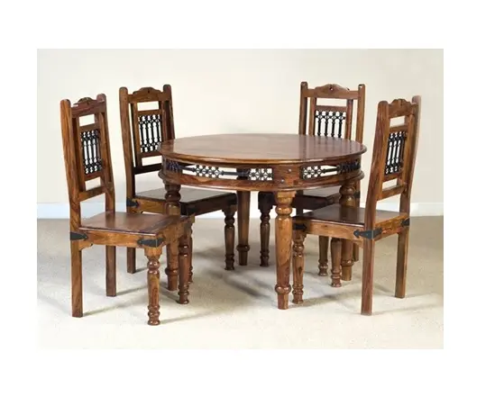 الخشب طاولة طعام مستديرة مجموعة كاملة مع 4 كراسي مصنوعة من Sheesham الخشب عالية الجودة القياسية