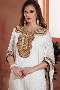 Grande Taille Cristal Doré Perlé Abaya Blanc Georgette Caftan Islamique - Product Image 2