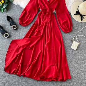 Vestido de Noche Largo Rojo con Cuello en V para Mujer, Estilo Navideño, para Fiesta, Manga Larga, Otoño - Product Image 4