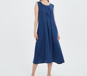 Royal Blue Sleeveless A-Line Midi Dress O-Neck Loose Fit 100% Linen Casual <b>Summer</b> Wear - Product Image 1