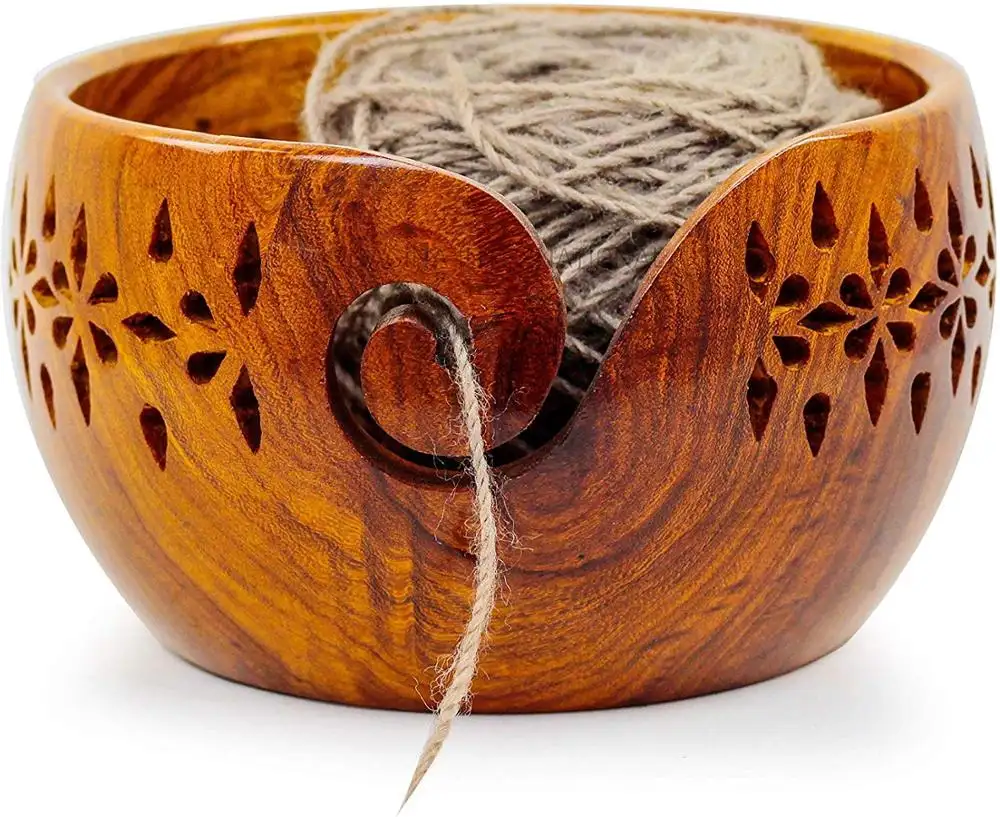 Customized Wood Crafted Wooden Yarn Storage Bowl with Carved Holes & Drills | Knitting Crochet Accessories.