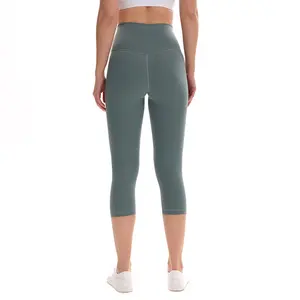 Pantalones Capri de Fitness para mujer, pantalón de cintura alta, Color liso, leggins recortados