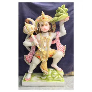 Bela Handmade Makarana mármore branco Hanuman Ji estátua permanente com Gada em uma mão e Dronagiri Parvat em outra mão
