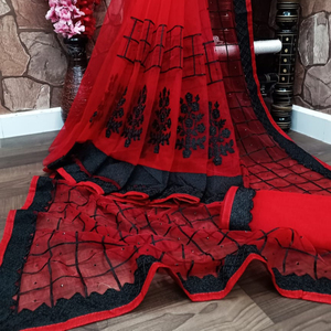 Attractive <strong>Designer</strong> Reception Wear Embroidery Work With <strong>Net</strong> Silk Saree and Unstitched Blouse <strong>Red</strong> Colour Women Wear Best Price Apparel