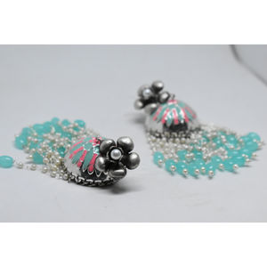 latest fasion trending meenakari <b>silver</b> look alike brass hoop stud <b>long</b> beads jhumka earing for girls and women - Product Image 2