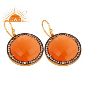 Boucles d'oreilles CZ Peach Moonstone Fabricant de bijoux en pierres précieuses Boucles d'oreilles en argent plaqué or jaune 18 carats Collection Vintage - Product Image 2
