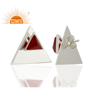 <b>Red</b> Onyx Gemstone Triangle Design Stud <b>Earring</b> Jewelry Wholesaler 925 Sterling Fine Silver Jewelry Supplier - Product Image 3