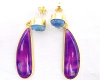 Ensemble de boucles d'oreilles clous en argent sterling plaqué or avec agate violette, druzy bleu et perle d'eau douce, serti clos, fait main, double