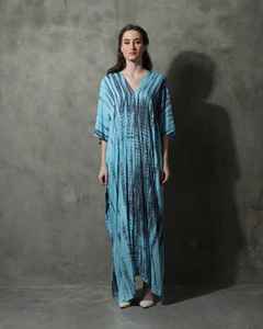 Azul cielo 100% tela de rayón vacaciones nuevo hecho a mano Tie Dye Long Beach Kaftan para mujeres Boho suelto cuello en V hasta el suelo para - Product Image 6