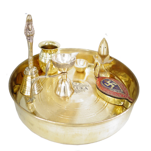 Fabricant indien, ensemble de thali pour pooja Karwa Chauth, temple spirituel, religieux, 7 pièces en laiton pour pooja thali - Product Image 1