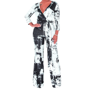 2021 femmes tricoté combinaisons et barboteuses col en v à manches longues imprimé géométrique décontracté hiver pull saut costume - Product Image 1