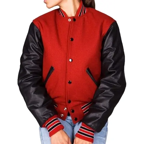 Red Women Versity Wool Jacket with Black Leather Sleeve Sports Baseball Bomber Jacket