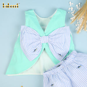 Conjunto de Verano para Niña, Color Verde Menta, Azul Liso y Rayas, Sin Mangas, 100% Algodón, Ropa Infantil al por Mayor BB2144 - Product Image 5
