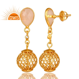 Pendientes colgantes de cadena de plata de ley chapados en oro de 14K, pendientes de Calcedonia rosa, joyería de piedras preciosas al por mayor - Product Image 2