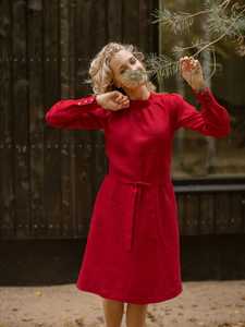 Fashionable trending latest design read color crepe fabric o-neck long sleeve knee-length for sexy women linen dress - Product Image 5