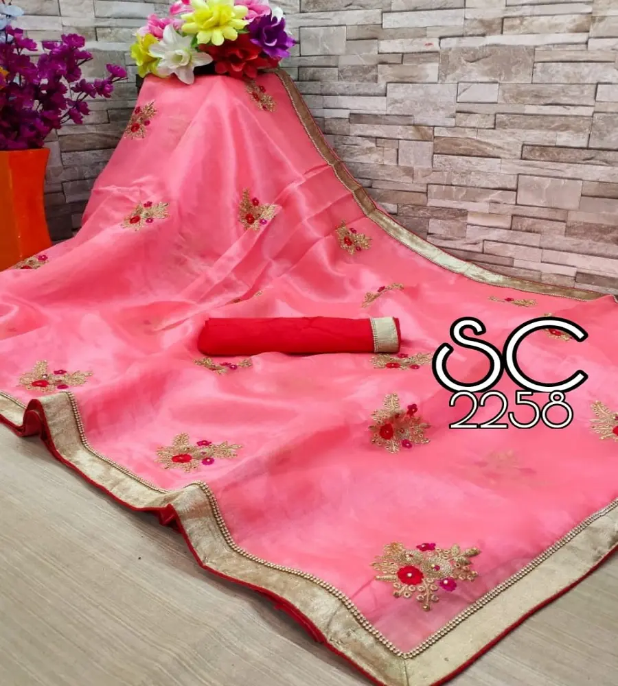 Abiti da festa designer ricamo netto fiore di seta design indiano signore indossano colore arancione saree con camicetta pezzo perla lavoro sari