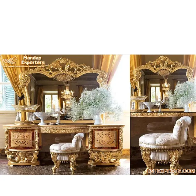 Barok Bladgoud Antieke Dressoir Spiegel Luxe Slaapkamer Kaptafel Indrukwekkende Gouden Houten Koning Kaptafel Op Dst Export