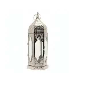 Linterna marroquí de Metal plateado con relieve de vidrio