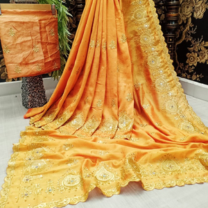 Katan indien Saree dernier concepteur tenue de fête mariage dames femmes porter Georgette soie broderie travail Sari avec chemisier vêtements - Product Image 1