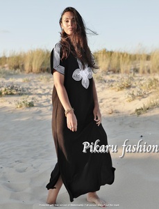 2022 Collection brodé à la main bohème longue Maxi robe pour femmes solide à manches courtes fente latérale élégante robe d'automne - Product Image 6