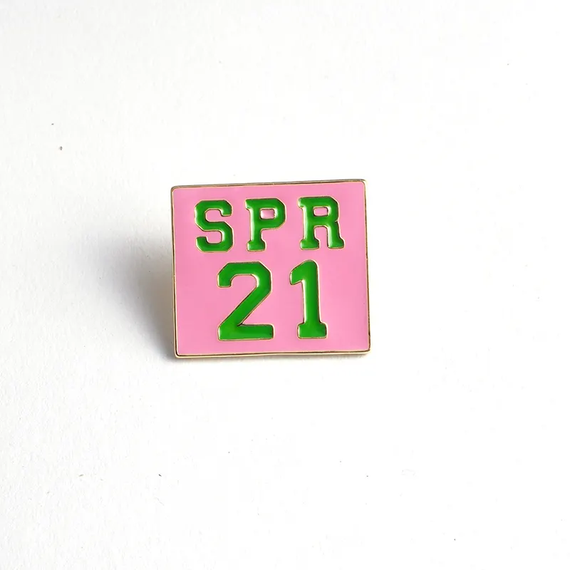 Custom Cute Enamel Pins 18k Gold Plated Greek Sorority Square Pink and Green Spring 21 Lapel Pin Brooch