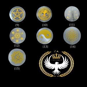 High quality selenite <b>coaster</b> 7 different Symbols Engraved Charging Disc Round Crystal <b>Coasters</b> for Drink with Coffee Stand - Product Image 1