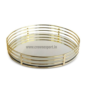 Plateau de service miroir avec poignée plat de service rond en verre couleur or et plateaux pour hôtel et restaurant et villa - Product Image 3