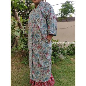 ชุดแม็กซี่พิมพ์ลายดอกไม้สีฟ้าฤดูร้อนชุดกิโมโนสำหรับผู้หญิงขนาดใหญ่สไตล์อินเดียถักยาวชุดฮิปปี้โบฮีเมียน - Product Image 3