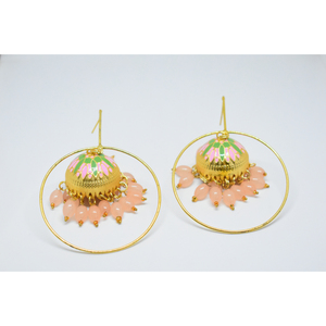 Boucles d'oreilles pour femmes et filles, partywear meenakari, fait à la main, finition mate dorée, long clou en laiton, anneau jhumka - Product Image 2