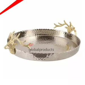 Plateau de service rond en métal avec décor, 1 pièce, design moderne, poignées papillon, partyware, décoration de plateau de service - Product Image 4