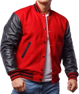Veste universitaire rouge pour homme avec manches en cuir noir, col montant, vêtement décontracté pour l'automne - Product Image 2