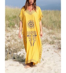 2020 Spring Sexy Ladies Deep V Neck Holiday Beach Floral Embroidered Bohemia Women Beach Cotton <b>Long</b> <b>Kaftan</b> - Product Image 1