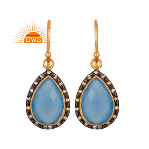 Pear Shape Faceted Blue Chalcedony Gemstone Set Gold Plated Silver Designer Dangle Earrings Jewelry Wholesale - Product Image 1