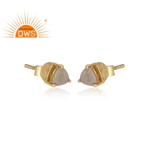 18k Gold Plated Earrings 925 Silver Jewelry Supplier Rainbow Moonstone Gemstone Trillion Shape Stud Earrings - Product Image 4