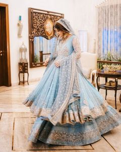 MODERN BLUE INDIAN /PAKISTANI FLOOR LENGTH <b>DRESS</b> Embellished DABKA, STONE GLASS BEADS Work for Wedding 2022 - Product Image 1