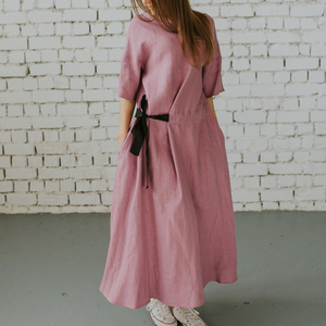 Robe en crêpe couleur chocolat pour femme, vêtements pour femmes, en lin, col rond, manches mi-longues, nouvelle collection à la mode, 2020 - Product Image 1