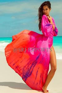 2026 Custom Sexy Women Simply Unique comfort and Luxury Casual Handmade <b>Silk</b> Long Sleeve <b>Wrap</b> <b>Dress</b> Beautiful Fuchsia Orange - Product Image 2