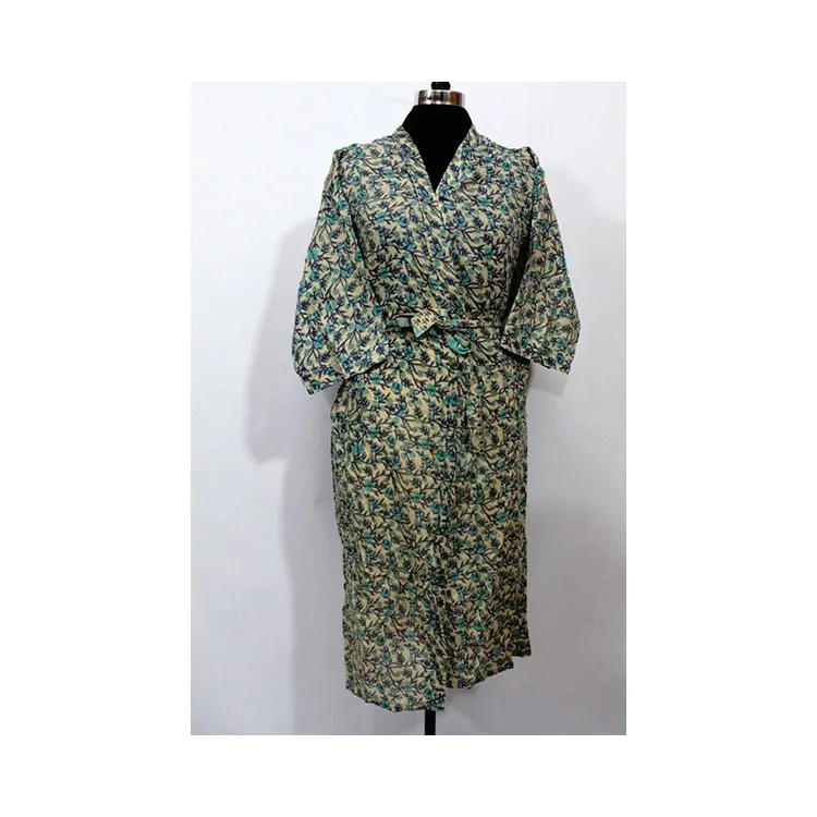 Robe Kimono Musulmane en Soie Vintage à Double Poche Tenue de Nuit Bleu Blanc Robe de Couleur Taille Libre Robe Kimono pour Femmes et Filles