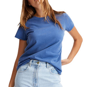 Camisetas deportivas OEM de corte relajado para mujer, cómodas y suaves, con cuello en V, para entrenamiento, correr, color azul liso. - Product Image 5