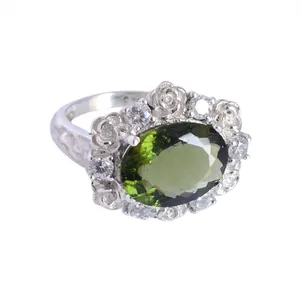 Natural Oval Shape Moldavite Gemstone Designer Ring 925 Sterling Silver Cubic Zirconia Stone Best Wholesaler Fine Jewelry Women