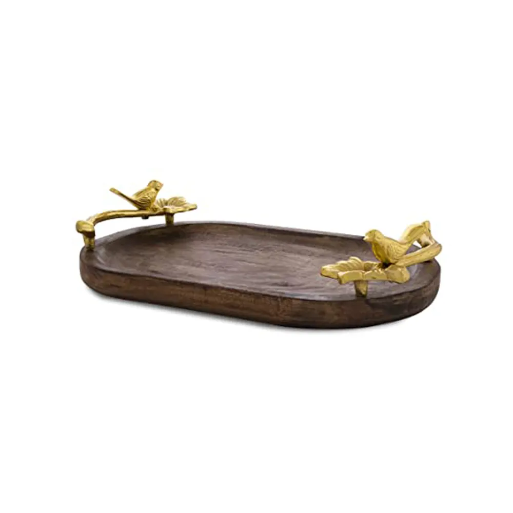 Bandeja de madera de forma ovalada hecha a mano, barata, con asas doradas para pájaros, para regalos