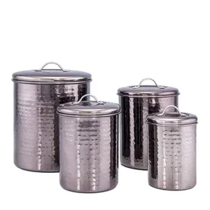 Silver Hammered Stainless Steel Kitchen Decorative Canister Set of 4 Tea coffee sugar and Biscuits Top Selling and High Quality